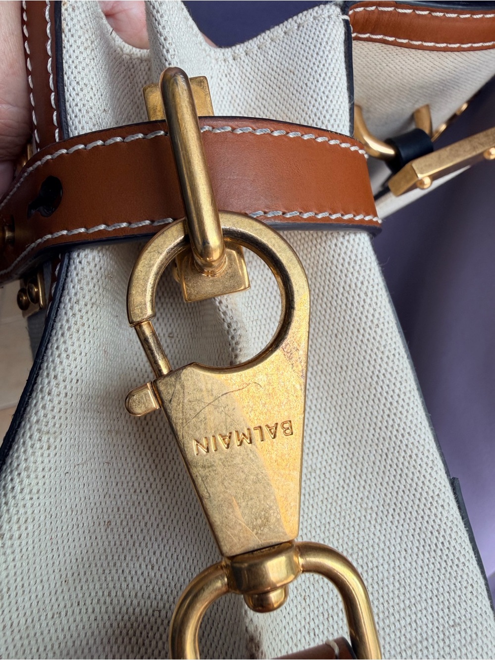 Balmain B-Buzz Cream Canvas and Tan Leather Logo Satchel - Picture 13 of 15